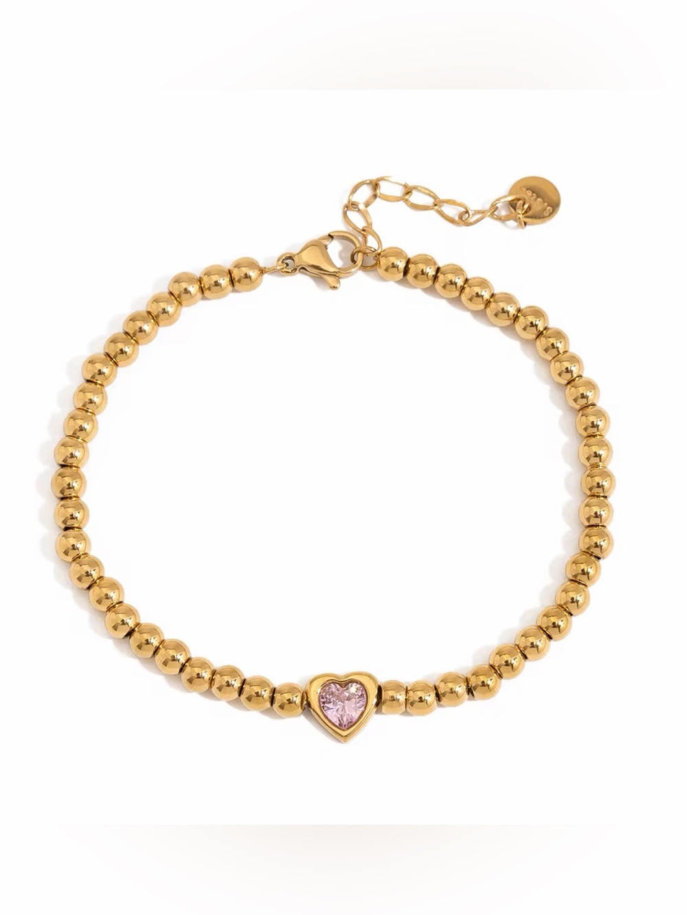 18K Gold Plated Beaded Pink Heart Charm Bracelet